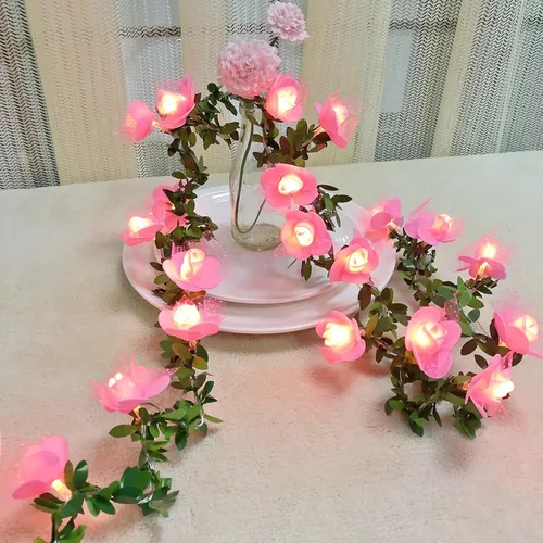 Vista 10 de Guirnalda de luces de encaje de rosas y vides, guirnalda de flores de espuma artificial, luz blanca cálida, funciona con pilas, para el día de San