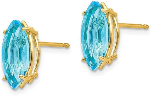 Vista 2 de Aretes de oro amarillo macizo de 14 quilates, 0.472 x 0.236 in, topacio azul marquesa, 0.472 in x 0.236 in, Gema, Topacio