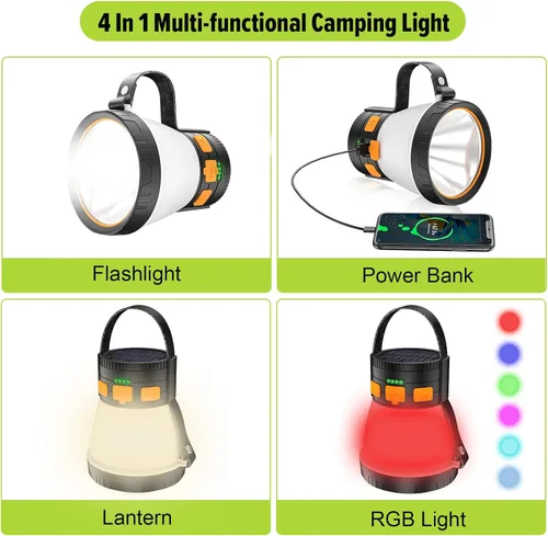 Vista 3 de Linterna LED para campamento, 1500 lúmenes, linterna de campamento recargable con carga de panel solar, impermeable, 8 modos de luz, banco