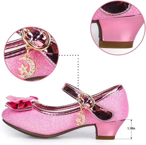 Vista 3 de TANDEFLY Zapatos de vestir para niñas, Mary Jane, boda, fiesta, talón, lazo con purpurina, zapatos de princesa con flores para niños pequeños