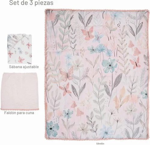 Vista 9 de Lambs & Ivy Baby Blooms - Juego de ropa de cama para cuna (3 piezas, diseño floral/mariposa), color rosa