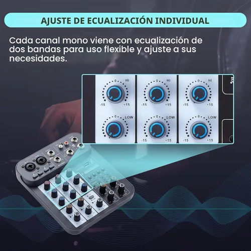 Vista 4 de Mezclador de audio DJ de 4 canales, mezcladores de sonido, placa de mezcla de sonido XLR 1/4" de interfaz, entrada BT USB MP3 para computadora