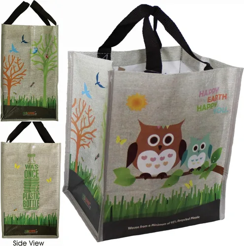 Vista 3 de Juego combinado laminado XL y mini bolsas de compras reutilizables tejidas para comestibles, hechas con un mínimo de 95% de plástico reciclado