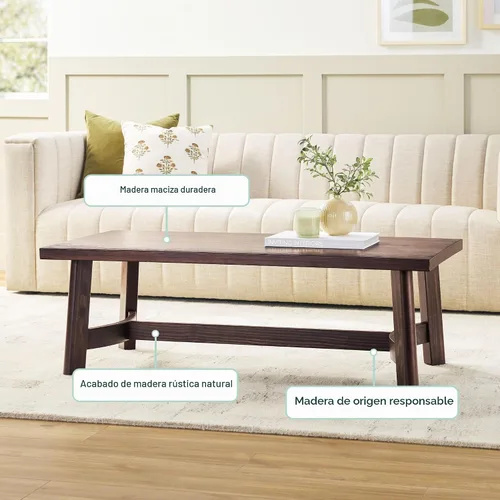 Vista 3 de Walker Edison Colt - Mesa auxiliar rectangular moderna de estilo casa de campo de madera maciza, 48 pulgadas, café