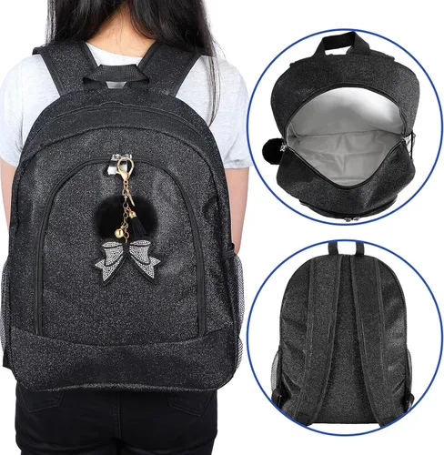Vista 4 de Mochila grande de animadora con llavero de lazo, mochila con purpurina para animadoras, bolsas de regalo para animadoras (negro)