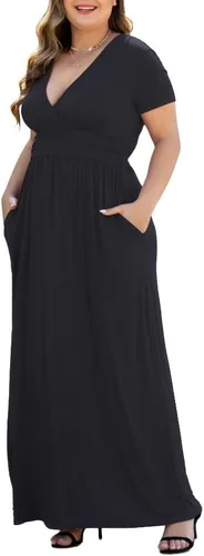 Vista 3 de Maxi vestido casual para mujer, diseño de manga corta con cuello en V y bolsillos, tallas L-5XL A01-negro