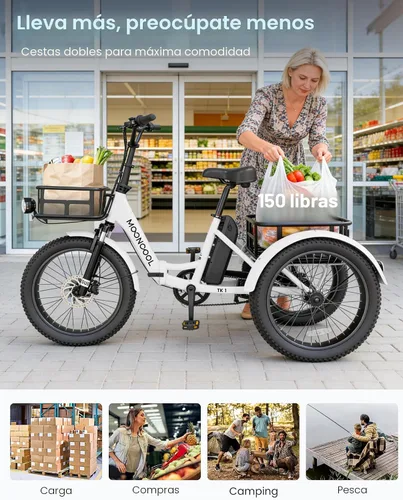 Vista 9 de MOONCOOL Triciclo eléctrico para adultos, 500 W/750 W 48 V, triciclo eléctrico plegable de potencia máxima 1100 W, neumático grueso de 20 x 3.0