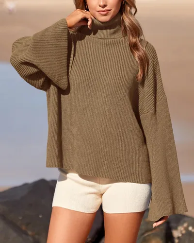 Vista 3 de BTFBM Suéteres de cuello alto para mujer, 2023, otoño, invierno, acampanados, de manga larga, holgados, de punto acanalado, de gran