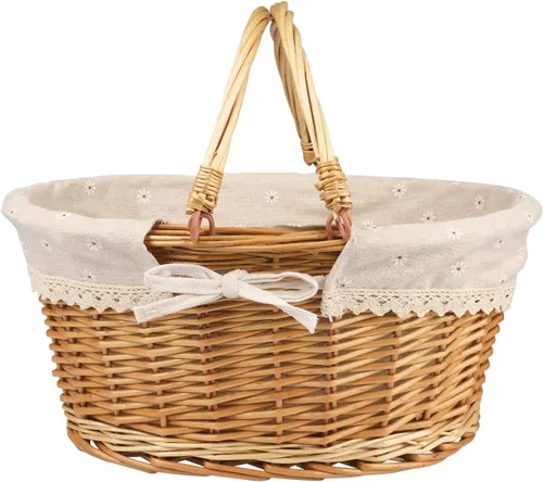 Vista 4 de Cesta grande multiusos de mimbre con asa, 14.2 x 11 x 6.7 pulgadas Cesta de mimbre para picnic con forro, Cesta de regalo vacía, Cesta ovalada