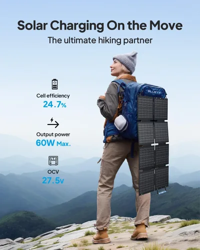 Vista 2 de BLUETTI Panel solar de 60 W, 60 vatios para generador solar manos libres, 1 manos libres, 2 AC2A, cargador solar plegable para senderismo, camping
