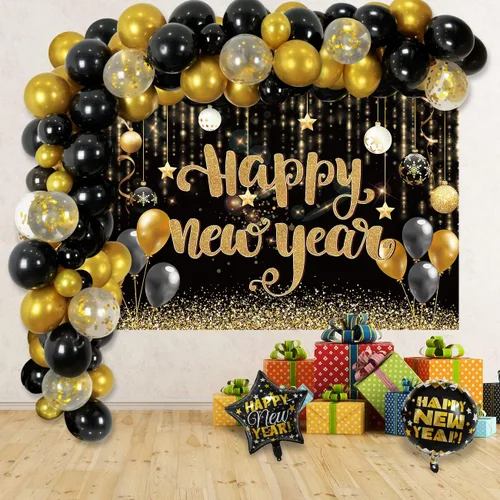 Vista 6 de NEY Party Supplies 2026 Decoraciones 2026 Feliz Año Nuevo con fondo negro dorado, mantel, globos grandes de aluminio, látex, globos de confeti