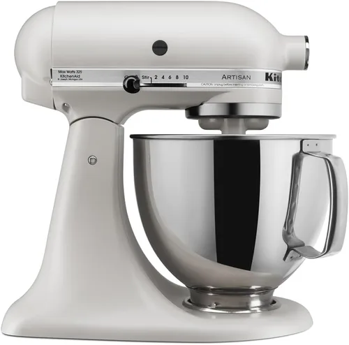 Vista 9 de KitchenAid Artisan Series Batidora de Pie con Cabezal Inclinable de 5 Cuartos con Escudo Vertedor KSM150PS, Crema de Almendra