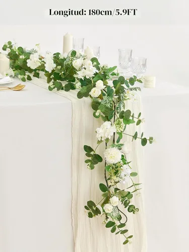 Vista 7 de MISSPIN Guirnalda de eucalipto con flores, flores artificiales artificiales para baby shower, boda, manto, mesa, centro de mesa, decoración de Blanco