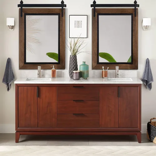 Vista 4 de Espejo de Puerta de Granero Estilo Granja, 32"x24" Espejo de Baño Rústico, Espejo de Pared con Marco de Madera, Espejo de Madera para Sala de Estar