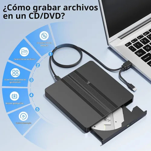 Vista 9 de Unidad externa ultrafina de CD y DVD con cable extralargo de 31.5 pulgadas