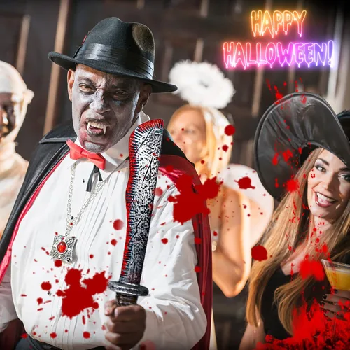 Vista 2 de Hyperzoo Cuchillo falso de plástico para disfraz de cosplay de Halloween con 30 hojas de calcomanías de tatuaje de Halloween