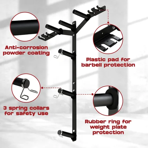 Vista 3 de Yes4All 6 clavijas y 4 estantes de almacenamiento de pesas que cargan hasta 1190 libras – soporte para árbol de pesas y barra montado en la pared