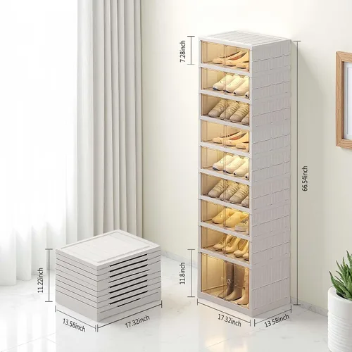 Vista 2 de Organizador plegable para zapatos para armario, 9 niveles, 18 pares, apilable, estante de zapatos plegable con puertas, organizador de zapatos