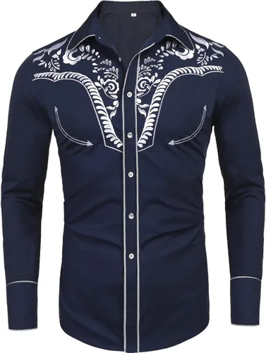 Vista 2 de Daupanzees Camisas bordadas de manga larga para hombre, ajuste delgado, casual, con botones