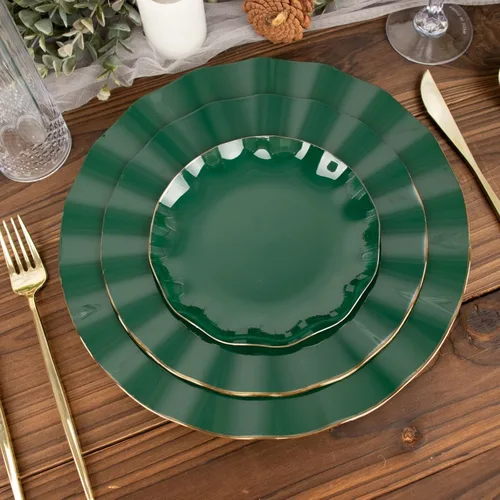 Vista 202 de Tableclothsfactory Paquete de 10 platos redondos de plástico negro de 6 pulgadas para ensalada de postre, platos desechables con borde ondulado