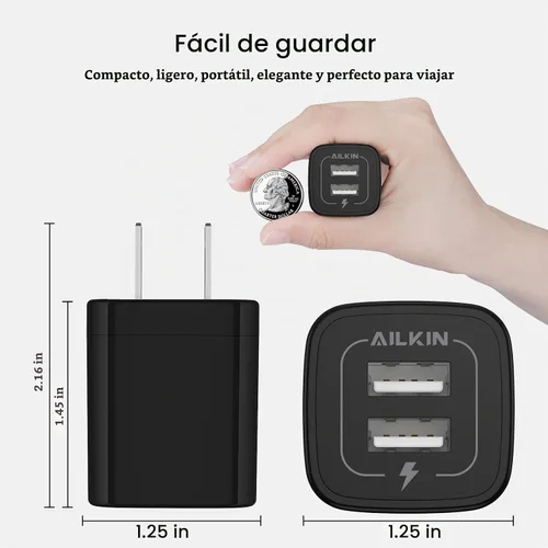 Vista 5 de Cargador de pared USB, AILKIN 2.1A de doble puerto USB, adaptador de cargador de pared, enchufe de carga rápida, caja de alimentación ac 5 V, bloque