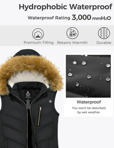Vista 5 de Wantdo Chaleco grueso de invierno para mujer, acolchado, cálido, con capucha de piel extraíble