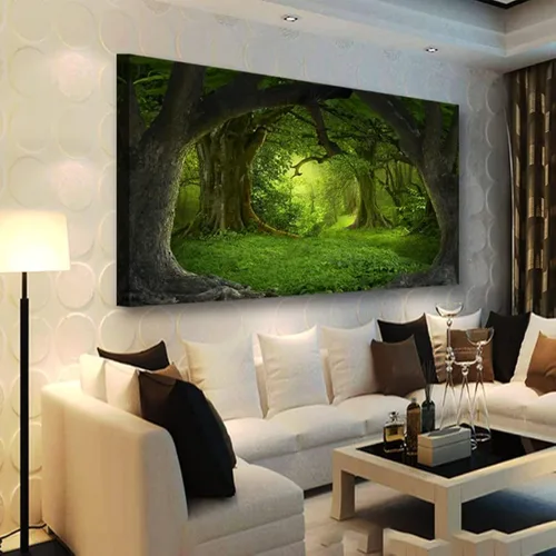 Vista 17 de Cuadros de bosque azul para pared, arte de pared para sala de estar, dormitorio, bosque impreso para decoración del hogar, arte abstracto de niebla