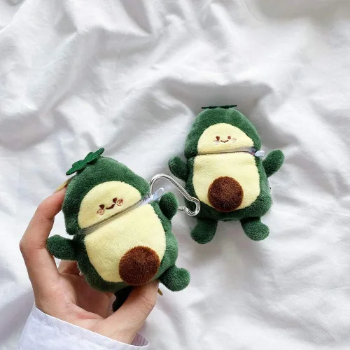 Vista 4 de Funda peluda SGVAHY para AirPods 1 y 2, diseño divertido de dibujos animados en 3D, diseño de aguacate verde suave y cálido, funda esponjosa