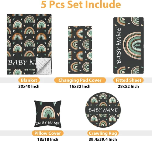 Vista 2 de Juego de ropa de cama personalizado para cuna de bebé, juego de 5 piezas para cuna de bebé, diseños de arcoíris, manta con nombre personalizado