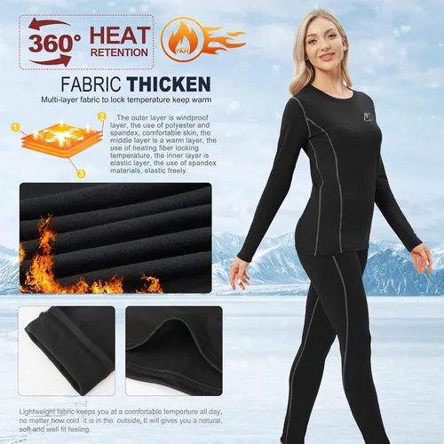 Vista 3 de MeetHoo Ropa interior térmica para mujer, conjunto de compresión de capa base cálida para invierno, forro polar, pantalones largos para correr