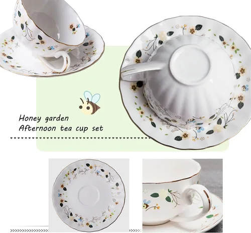 Vista 4 de BigNoseDeer Regalos para mujeres, tazas de té y platillos de porcelana, taza de café con leche, taza de capuchino, bonita taza de café de cerámica