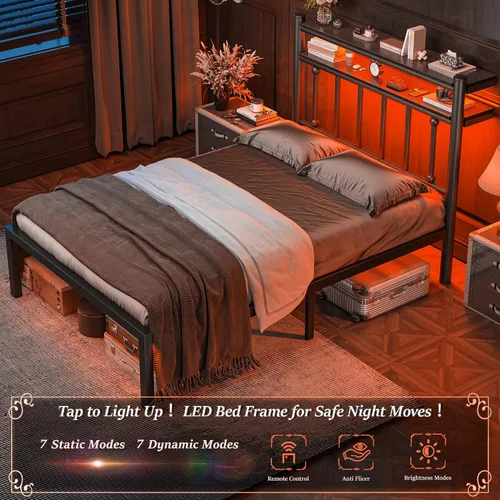 Vista 5 de Homkdom Base de cama de metal de tamaño individual con luces LED inteligentes y cabecera de almacenamiento de 2 niveles, base de colchón resistente