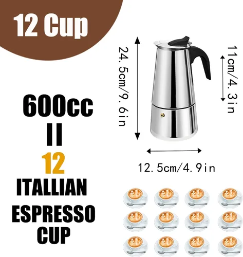 Vista 2 de 12 Tazas Cafetera de Espresso para Estufa Olla de Moka de Acero Inoxidable Percolador de Cocina Superior Cafeteras de Café Italianas Capaz