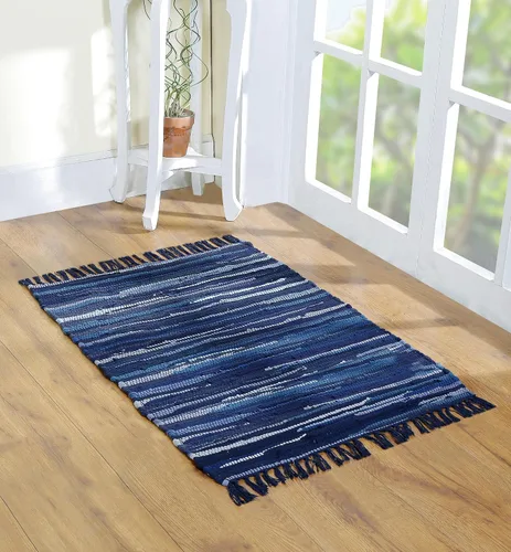 Vista 29 de Alfombra de trapo de algodón de 24 x 36 pulgadas, alfombra Chindi multicolor, tejida a mano, lavable y reversible para sala de estar, cocina Agua