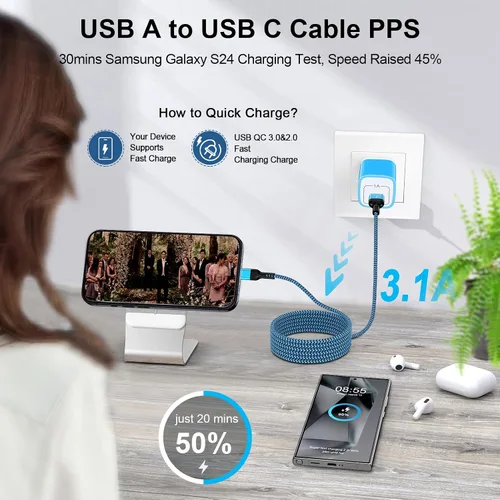 Vista 3 de Cable de carga rápida USB C de 6 pies/2 unidades para iPhone 16/16 Pro/16 Pro Max/16 Plus/15/15 Pro/15 Pro Max, cable USB A a USB C de 3.1 A, cable