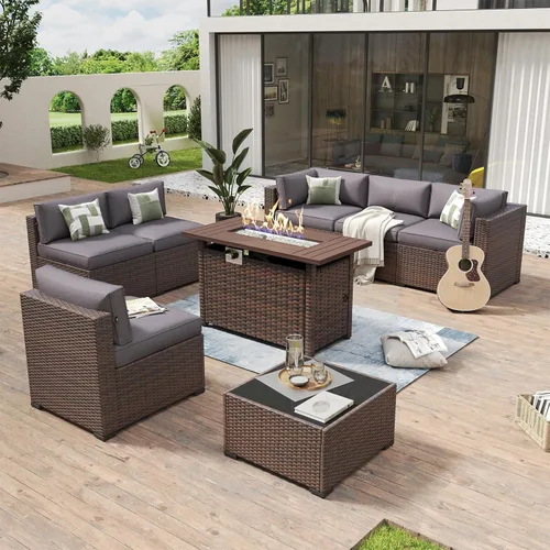Vista 20 de Aoxun - Juego de 7 piezas de muebles de patio de mimbre de ratán, conjunto de sofá modular para conversación de patio con mesa de café y cojines