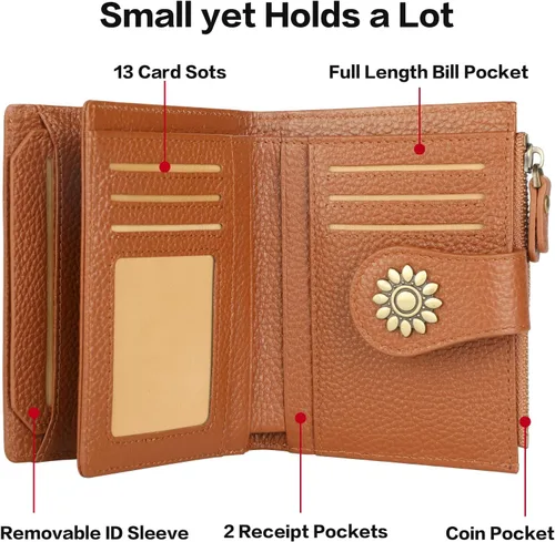 Vista 4 de Lavemi Cartera de cuero para mujer, pequeña, compacta, con bloqueo RFID, con bolsillo con cremallera