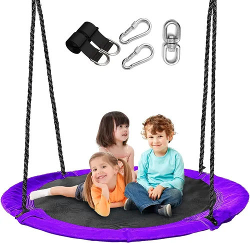 Vista 8 de Columpio de árbol de platillo negro de 43 pulgadas para niños, columpio redondo volador impermeable y resistente a todo tipo de clima, tapete