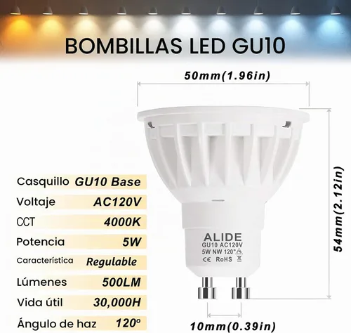 Vista 3 de ALIDE Bombillas LED GU10 regulables que reemplazan 50 W halógenas, 4000 K blanco natural