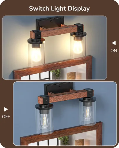 Vista 5 de EDISHINE - Apliques de pared de madera pintada de 2 luces, lámpara de tocador de granja Clear Glass Shade, Up & Down Mounting Optional, E26 Base
