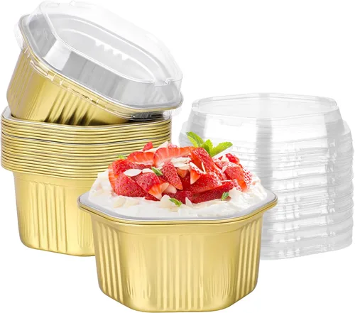 Vista 27 de Beasea Tazas desechables para hornear con tapas, juego de 50 unidades, 13.5 oz 400 ml, ramekins de aluminio con tapa de papel de aluminio, moldes