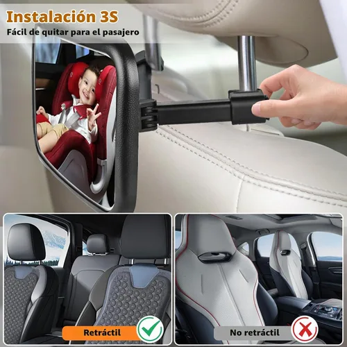 Vista 6 de Espejo de coche recargable para bebé con luz – Espejo para bebé en coche con control remoto, espejo de coche para bebé estable gancho clip