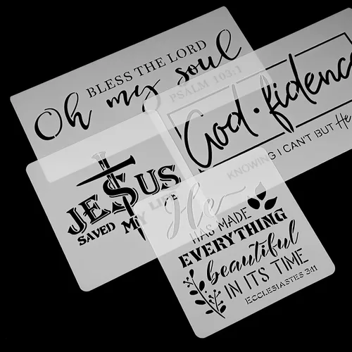 Vista 6 de 14 plantillas cristianas para pintar sobre madera, letrero bíblico motivacional con texto en inglés "Faith God Fidence Be Still", plantillas