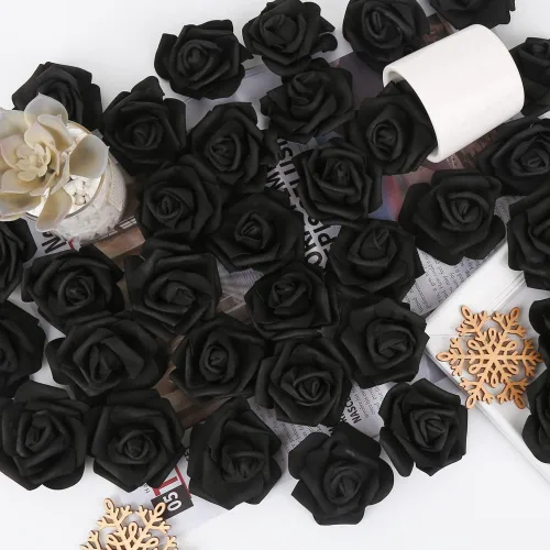 Vista 7 de Cabezas de rosas artificiales, 100 rosas falsas negras, cabezas de rosas artificiales de espuma para ramos de boda, centros de mesa, arreglos