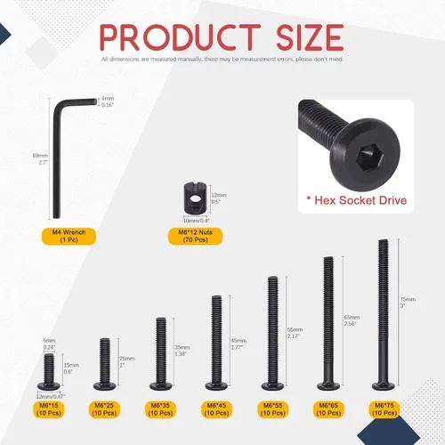 Vista 2 de Hilitchi M6 140 piezas de tornillos de cabeza hexagonal negra, tornillos, tuercas de barril, kit surtido de accesorios para cuna, cama de bebé