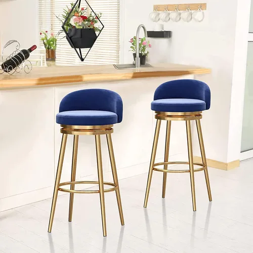 Vista 2 de Juego de 3 taburetes de bar modernos de terciopelo con respaldo y reposapiés, taburetes de bar giratorios de 360°, taburetes de bar sin brazos