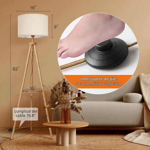 Vista 7 de OUTON - Lámpara de pie con trípode y estantes, lámpara de pie de madera de mediados de siglo regulable con control remoto, 4 temperaturas
