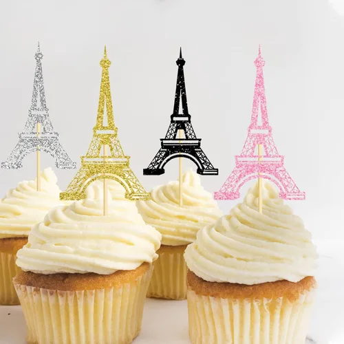 Vista 5 de 24 adornos para cupcakes de la Torre Eiffel, purpurina de doble cara Decoración para tartas de París, decoraciones de fiesta temática de París