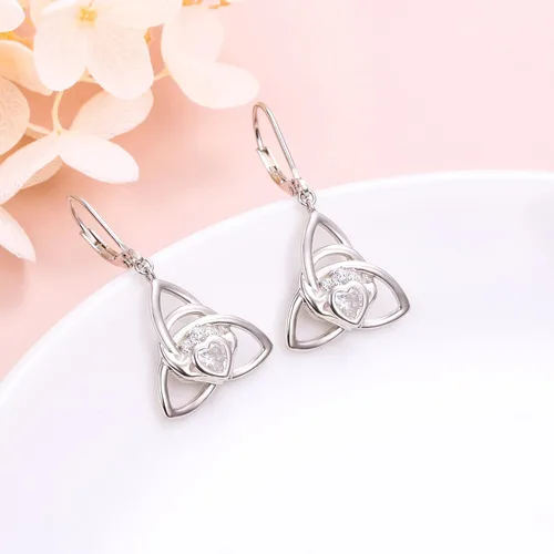 Vista 3 de Aretes de plata de ley S925 con nudo celta para mujer, aretes de gancho colgantes irlandeses de buena suerte