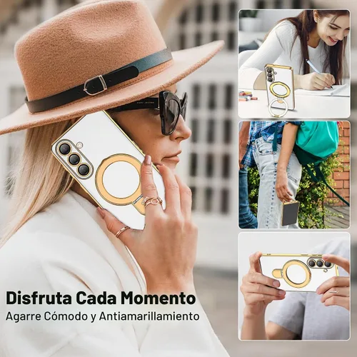 Vista 6 de Funda compatible con Samsung Galaxy S24 Plus con soporte de anillo magnético [compatible con Mag-Safe] protector de lente de cámara chapado Dorado